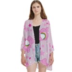 Cheer Bear Pink, Care, Care Bears, Cartoon Open Front 3/4 Sleeve Batwing Chiffon Cardigan Kimono