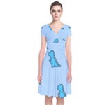 Dinosaur , Cute, Pastel, Short Sleeve Front Wrap Dress