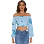 Dinosaur , Cute, Pastel, Long Sleeve Crinkled Weave Crop Top