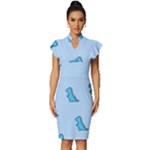 Dinosaur , Cute, Pastel, Vintage Frill Sleeve V-Neck Bodycon Dress