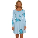 Dinosaur , Cute, Pastel, Long Sleeve Wide Neck Velvet Dress