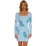 Dinosaur , Cute, Pastel, Long Sleeve Square Neck Bodycon Velvet Dress