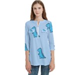 Dinosaur , Cute, Pastel, Women s Zip Front V-Neck 3/4 Sleeve Casual Top Pocket Shirt