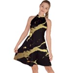 Marble Black, Kiss, Gold, Pretty Sleeveless Halter Neck A-Line Dress