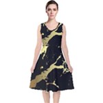 Marble Black, Kiss, Gold, Pretty V-Neck Midi Sleeveless Dress 