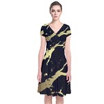 Marble Black, Kiss, Gold, Pretty Short Sleeve Front Wrap Dress