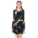 Marble Black, Kiss, Gold, Pretty Long Sleeve V-neck Flare Dress