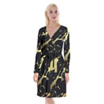 Marble Black, Kiss, Gold, Pretty Long Sleeve Velvet Front Wrap Dress