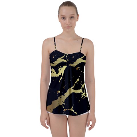 Marble Black, Kiss, Gold, Pretty Babydoll Tankini Top from ArtsNow.com