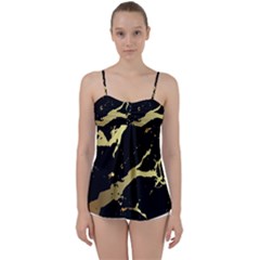 Marble Black, Kiss, Gold, Pretty Babydoll Tankini Top from ArtsNow.com