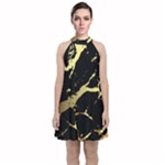 Marble Black, Kiss, Gold, Pretty Velvet Halter Neckline Dress 