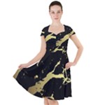 Marble Black, Kiss, Gold, Pretty Cap Sleeve Midi Dress With Pockets