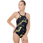 Marble Black, Kiss, Gold, Pretty High Neck One Piece Swimsuit