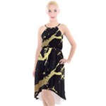 Marble Black, Kiss, Gold, Pretty High-Low Halter Chiffon Dress 