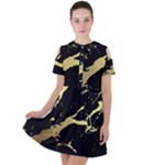 Marble Black, Kiss, Gold, Pretty Short Sleeve Shoulder Cut Out Dress 