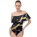 Marble Black, Kiss, Gold, Pretty Off Shoulder Velour Bodysuit 