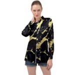 Marble Black, Kiss, Gold, Pretty Long Sleeve Satin Shirt