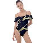 Marble Black, Kiss, Gold, Pretty Frill Detail One Piece Swimsuit