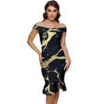 Marble Black, Kiss, Gold, Pretty Off Shoulder Ruffle Split Hem Bodycon Dress