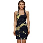 Marble Black, Kiss, Gold, Pretty Sleeveless Wide Square Neckline Ruched Bodycon Dress