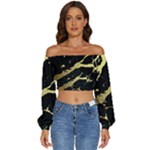 Marble Black, Kiss, Gold, Pretty Long Sleeve Crinkled Weave Crop Top