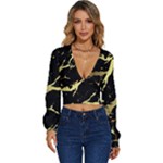 Marble Black, Kiss, Gold, Pretty Long Sleeve Deep-V Velour Top