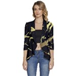 Marble Black, Kiss, Gold, Pretty Women s 3/4 Sleeve Ruffle Edge Open Front Jacket