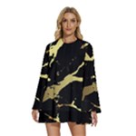 Marble Black, Kiss, Gold, Pretty Round Neck Long Sleeve Bohemian Style Chiffon Mini Dress