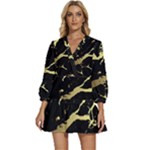 Marble Black, Kiss, Gold, Pretty V-Neck Placket Mini Dress