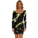 Marble Black, Kiss, Gold, Pretty Long Sleeve Square Neck Bodycon Velvet Dress