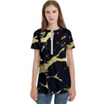 Marble Black, Kiss, Gold, Pretty Women s Zip Front V-Neck Short Sleeve Casual Top Pocket Shirt