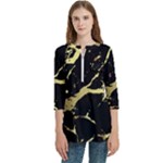 Marble Black, Kiss, Gold, Pretty Women s Zip Front V-Neck 3/4 Sleeve Casual Top Pocket Shirt