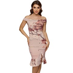 Off Shoulder Ruffle Split Hem Bodycon Dress 