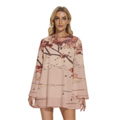 Round Neck Long Sleeve Bohemian Style Chiffon Mini Dress 