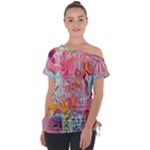 Marbling art Off Shoulder Tie-Up T-Shirt