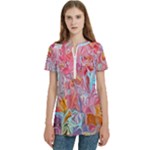 Marbling art Women s Zip Front V-Neck Short Sleeve Casual Top Pocket Shirt