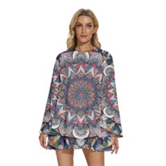 Round Neck Long Sleeve Bohemian Style Chiffon Mini Dress 