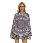 Pattern Nature Round Neck Long Sleeve Bohemian Style Chiffon Mini Dress