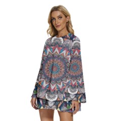 Round Neck Long Sleeve Bohemian Style Chiffon Mini Dress 