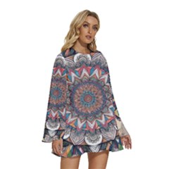 Round Neck Long Sleeve Bohemian Style Chiffon Mini Dress 