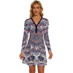 Pattern Nature Long Sleeve Deep V Mini Dress 