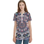 Pattern Nature Women s Zip Front V-Neck Short Sleeve Casual Top Pocket Shirt