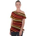 Waves Pattern Abstract Neutrals Off Shoulder Tie-Up T-Shirt