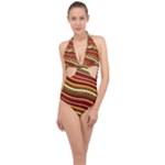 Waves Pattern Abstract Neutrals Halter Front Plunge Swimsuit