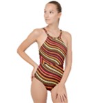 Waves Pattern Abstract Neutrals High Neck One Piece Swimsuit