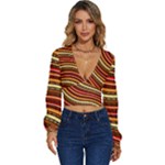 Waves Pattern Abstract Neutrals Long Sleeve Deep-V Velour Top