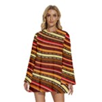 Waves Pattern Abstract Neutrals Round Neck Long Sleeve Bohemian Style Chiffon Mini Dress