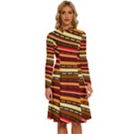 Waves Pattern Abstract Neutrals Long Sleeve Shirt Collar A-Line Dress