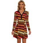 Waves Pattern Abstract Neutrals Long Sleeve Deep V Mini Dress 