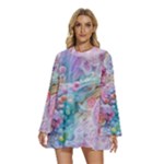 Cells Fluid Bubbles Round Neck Long Sleeve Bohemian Style Chiffon Mini Dress